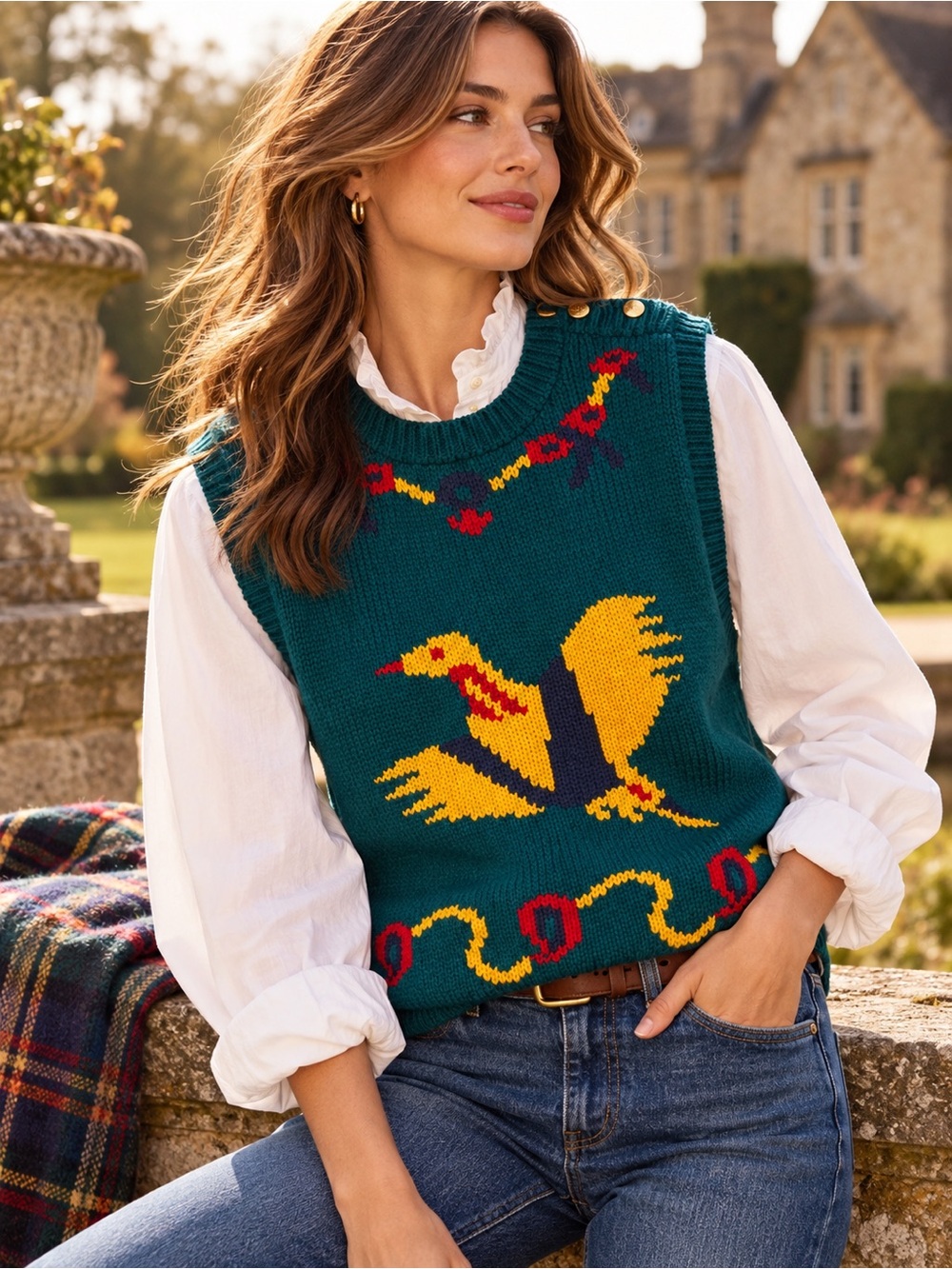 Vintage Bryn Connelly Pheasant Intarsia Sweater Vest Folk Art 80 90s M Art quirk